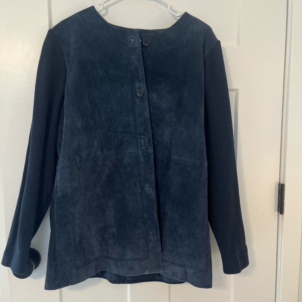 Linea by Louis Dell'Olio Suede Jacket w/ Knit Sleeves Navy Large Classic EUC